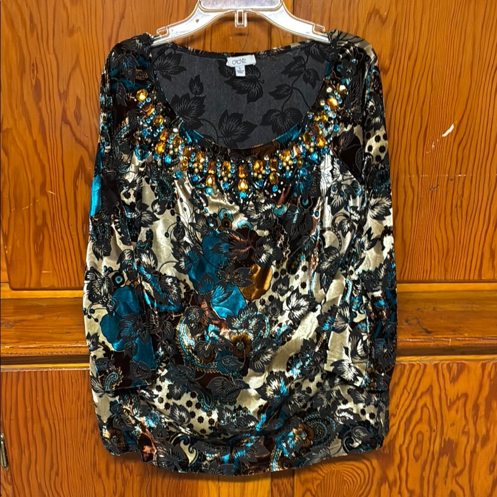 Cache Blue and Black Embellished 3/4 Sleeve Blouse